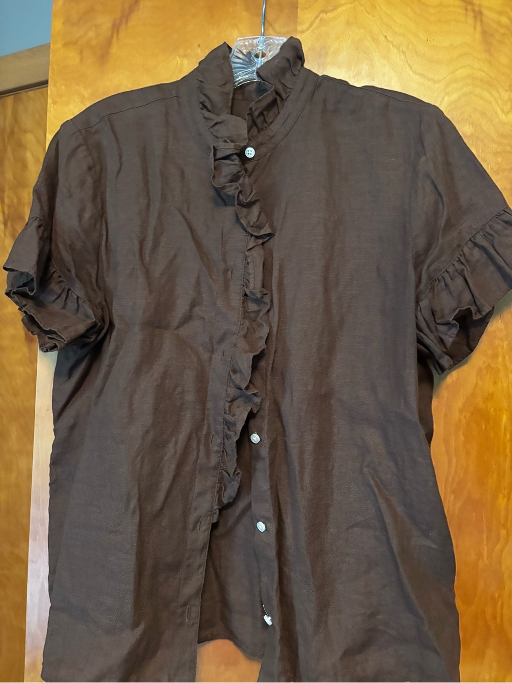J. Crew Brown Ruffle-Front Short Sleeve Button-Down Shirt